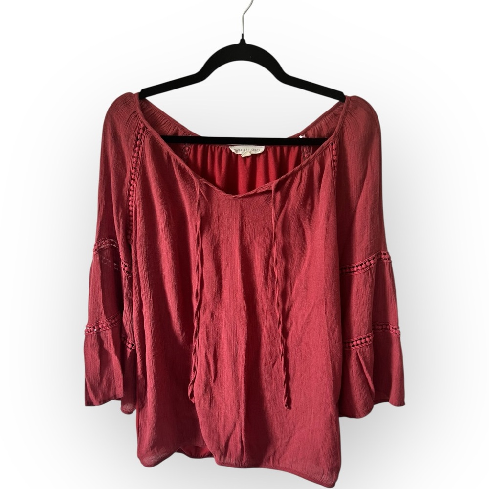 Women's Wine Red Peasant Blouse with Tie Neck